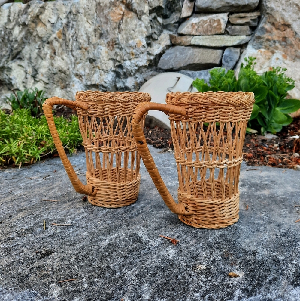 Pair of rattan weaved cup holders boho eco decor